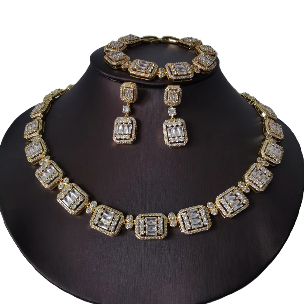 

2023 new fashion retro luxury crystal zircon necklace earring bracelet wedding jewelry set dinner party dressing jewelry.