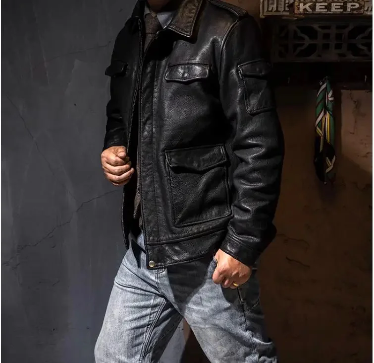 Description Picture 6 of itemYR!Free shipping.Luxury Men's business casual Real leather jacket.Heavy 1.5mm Full Grain tanned cowhide coat.Warm Hunting wear