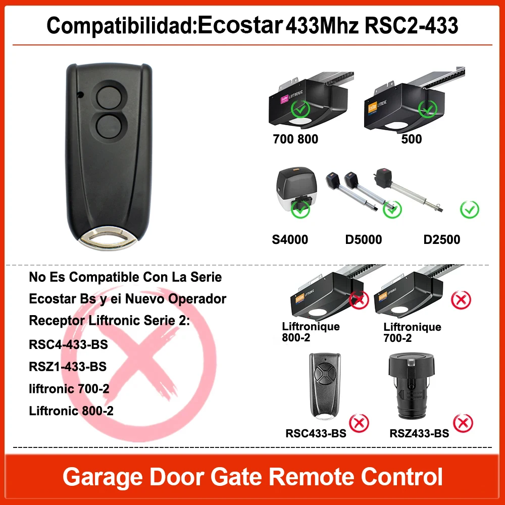 Clé De Porte De Garage Compatible Avec Hörmann Ecostar RSE 2 RSC 2 433 92 Mhz Paquet De 1 Cle De Porte De Garage 92376260