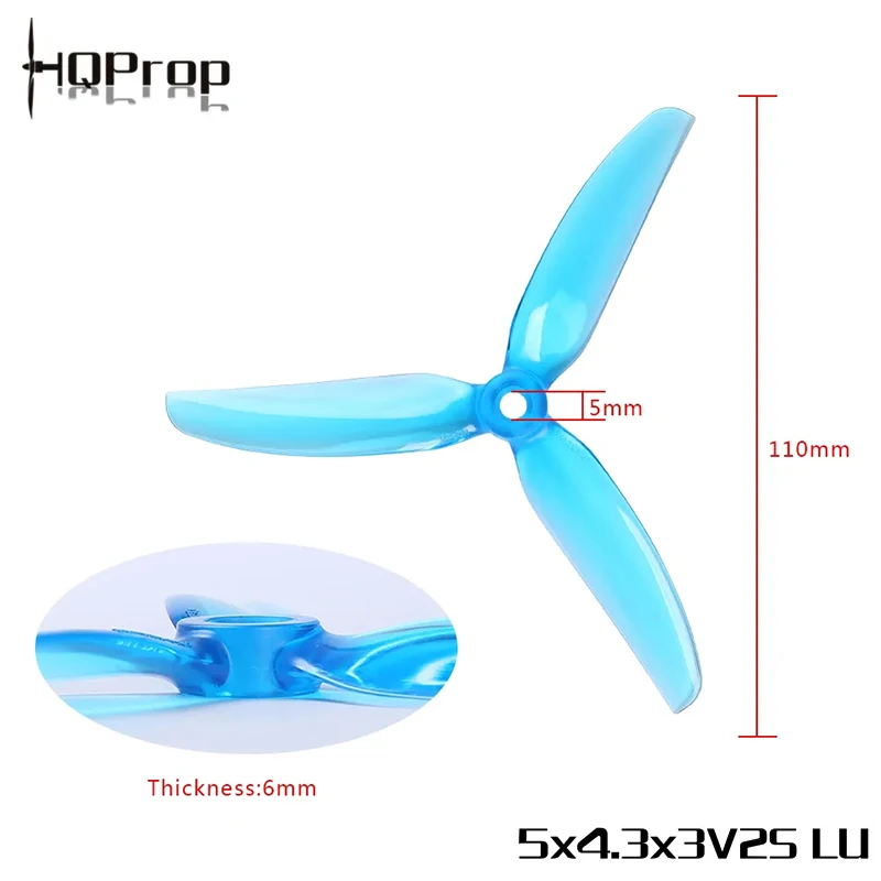 Détail des hélices HQPROP 5x4.3x3V2S pour drone FPV, montrant la texture et le design des pales.