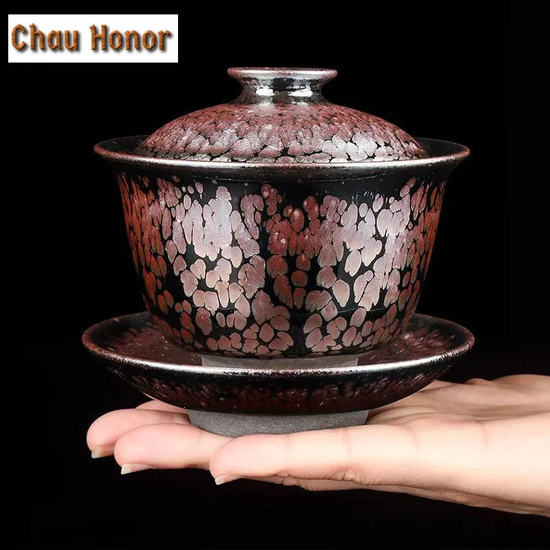 150ml Boutique Oil Droplets Raw Ore Iron Tire Jianzhan Ceramic Sancai Gaiwan Handmade Tea Tureen Kung Fu Tea Bowl Gift Packaging