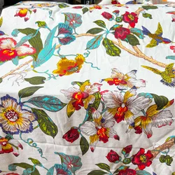 Elegant Floral and Bird Print Linen - Cotton Fabric for DIY Projects and Upholstery (WHITE)