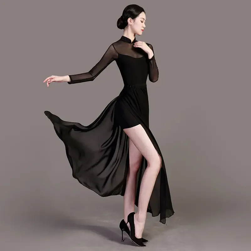 

Китайский классический танцевальный костюм в этническом стиле Чонсам с высокой талией и разрезом современная танцевальная одежда Профессиональный костюм для выступлений