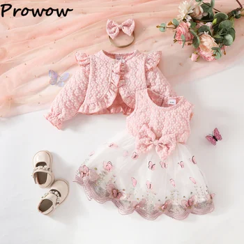 Abiti per bambini Costume da festa di compleanno Cappotto cardigan jacquard rosa e abito a farfalla in pizzo per ragazze Neonati Vestiti per neonati