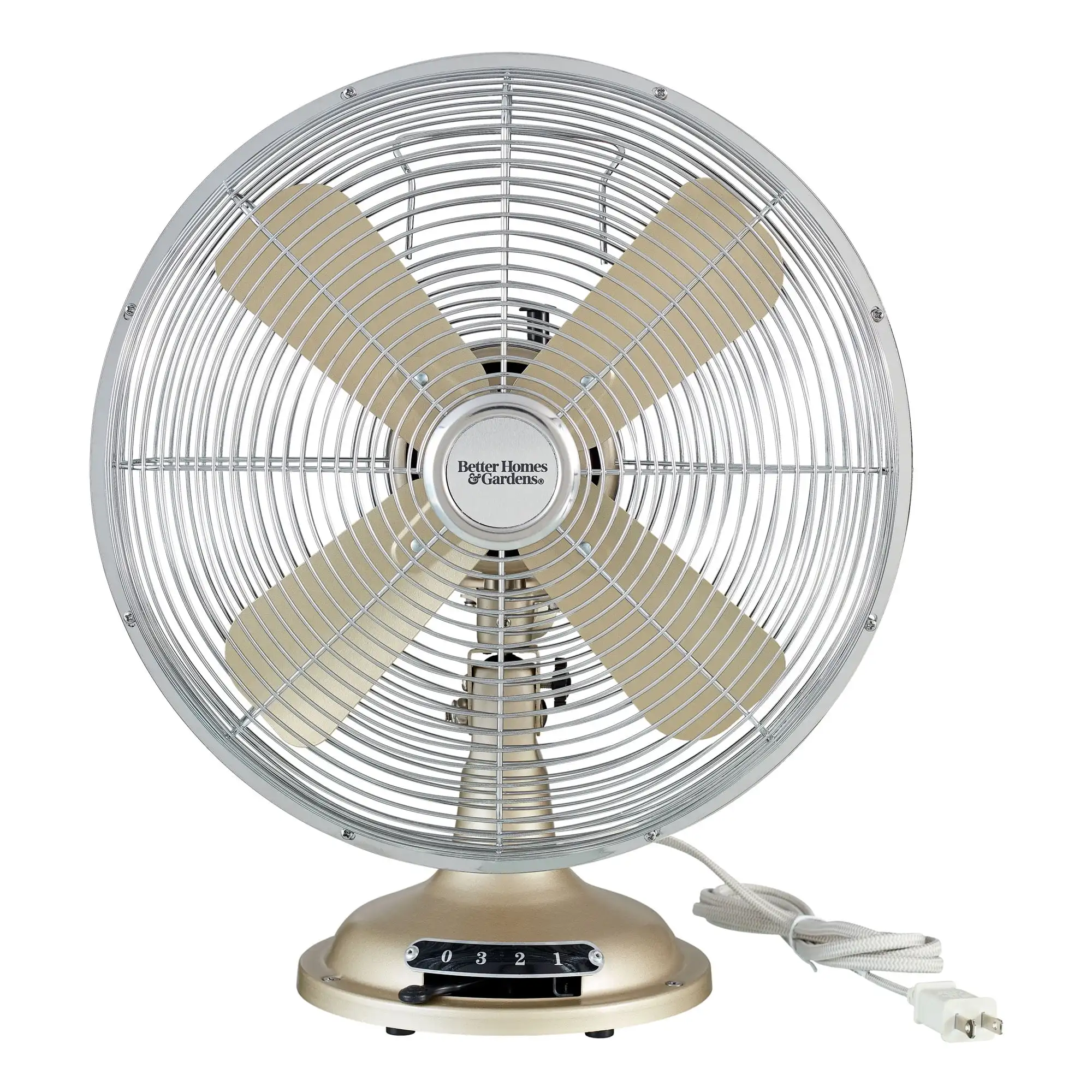 

Better Homes & Gardens New 12 inch Retro 3-Speed Metal Tilted-Head Oscillation Table Fan Brushed Nickel