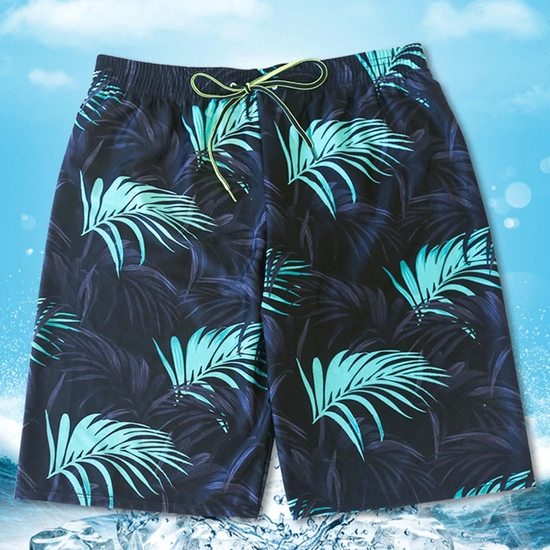 

Mens Quick Dry Drawstring Waist Swim Trunks Summer Leaves Digital Print Surfing Beach Shorts Mesh Lined Boardshorts