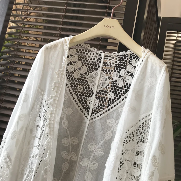 Women's Summer Swimsuit Cover Up Lace Cardigan Sunscreen Blouse Embroidery Shawl Perspective Beach Jacket White Vacation beach maxi dress with sleeves