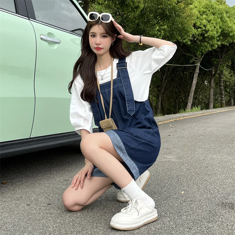 Overalls Shorts For Women's Summer Denim Shorts Korean Style Wide Leg Jeans Blue High Waisted Baggy Crimping Y2k Fashion Shorts