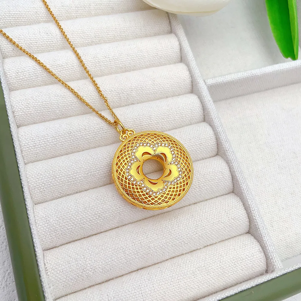 9999 24K real gold inlaid silk safety buckle pendant hollow disc necklace Chinese chic ethnic sweater for men and women