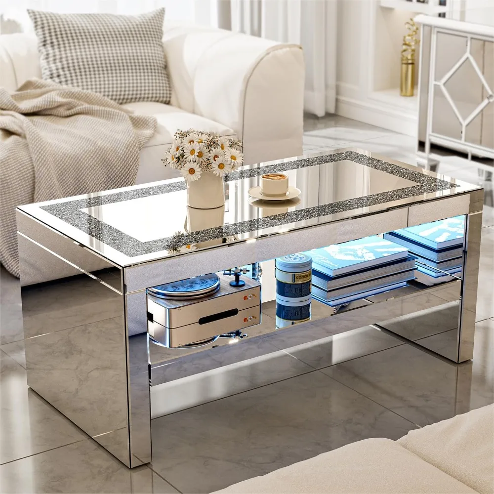 Mirrored Coffee Table with Mirror Crystal Board, Glass Rectangle End Table Coffee Tea Table with 2 Tier for Living Room Bedroom 1