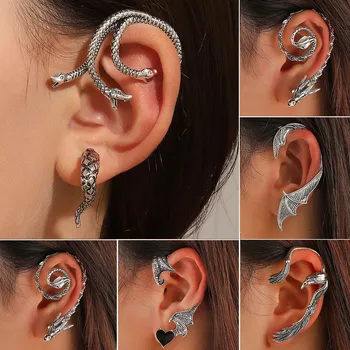 Gothic Three Headed Snake Earrings For Women Jewelry Vintage Elf Wing Ear Cuffs Earrings For Whole Ear 2025 Trendy Metal Jewelry
