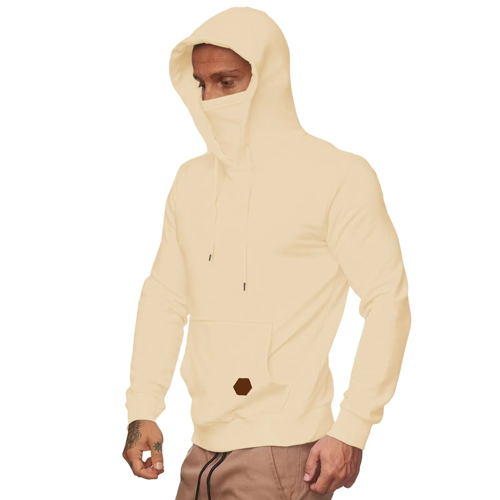 Men'S Fall Winter High Collar Mask Design Hooded Sweatshirt Leisure Solid Color Long Sleeve Splicing Top Pullover Hoodie