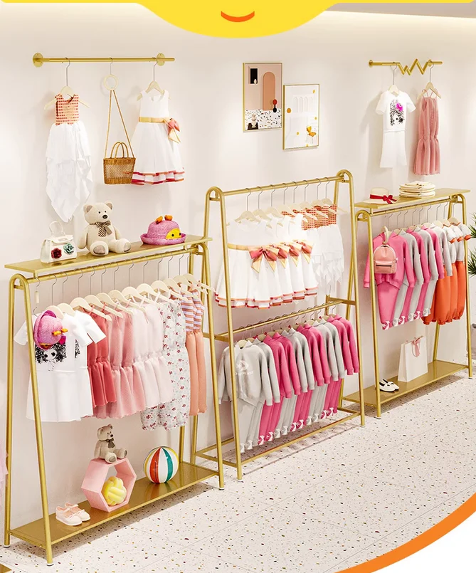 

Clothing store special shelves, gold creative side hanging clothes racks, display combination, floor standing shelves