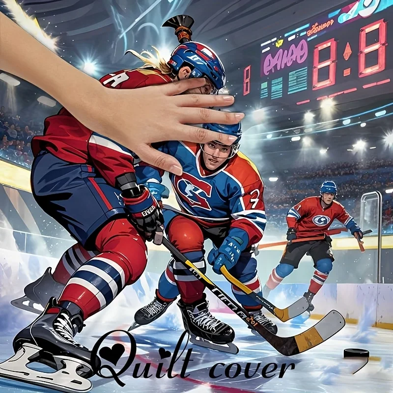 3Pcs Ice Hockey Pattern Duvet Cover Set, Zipper Closure Machine Washable Bedding with Pillowcases, All Season for Home Dorm