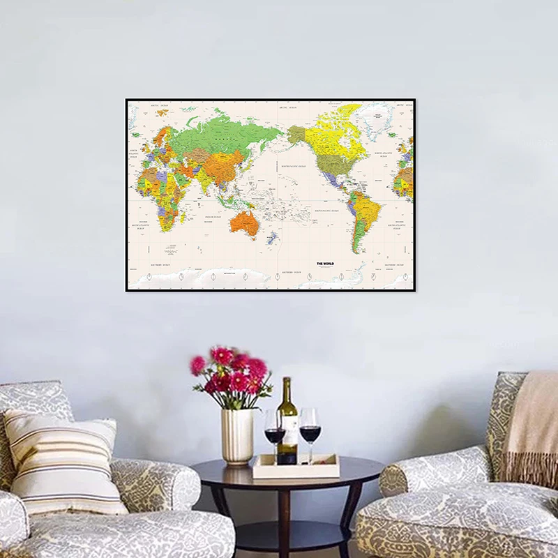 A2 tamanho impresso o mapa físico do mundo pintura sem moldura da lona fina para a decoração da parede do escritório em casa