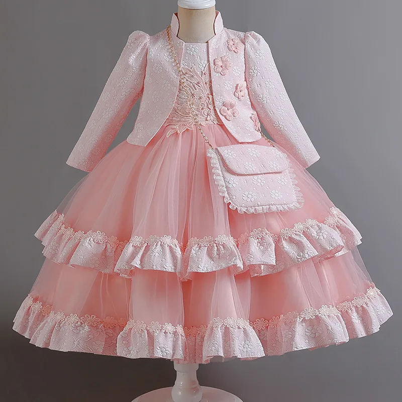 

3-piece children's dress set fashionable pearl mesh birthday party girl princess dress banquet girl elegant evening dress