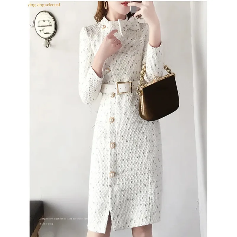 

Y-Y New Arrival Autumn And Winter Runway Women Elegant Tweed Dress Bow Collar Long Sleeve Female Fashion Chic Vestidos