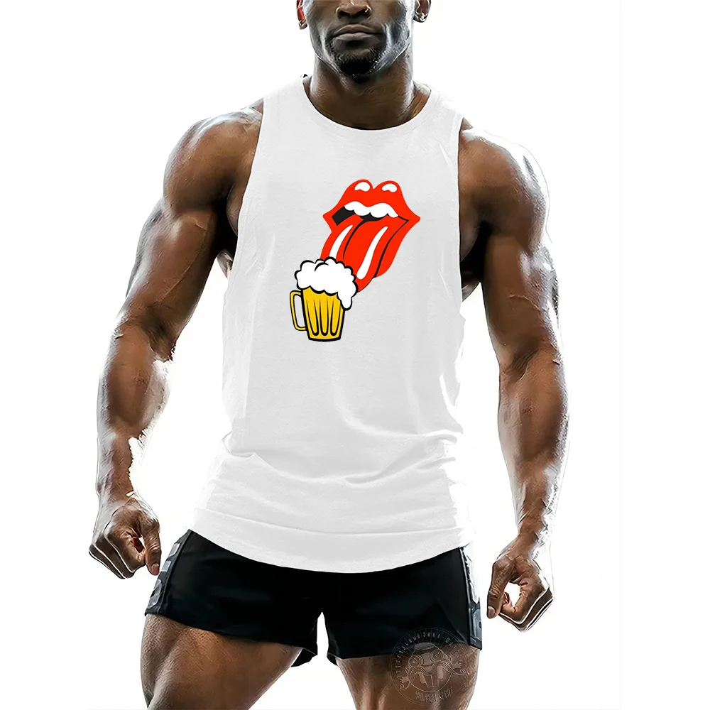 

Summer Men's T-shirt Fashion Gym Sleeveless Shirt Hooded Vest 2D beer Print top Men's Sport hooded sleeveless vest top Quick dry