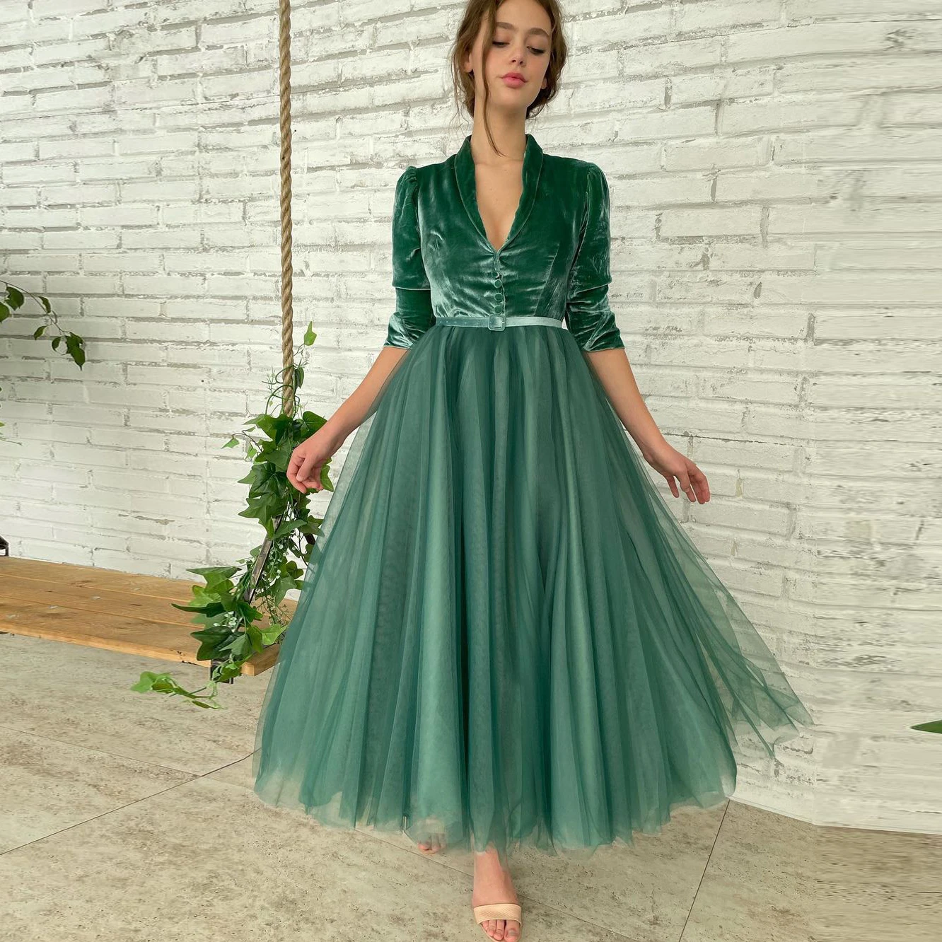 Elegancka aksamitna pół rękawa kobiet sukienka do kostek suknie wieczorowe  zielona tiulowa długa sukienka Plus rozmiar eleganckie sukienki dla kobiet|  | - AliExpress