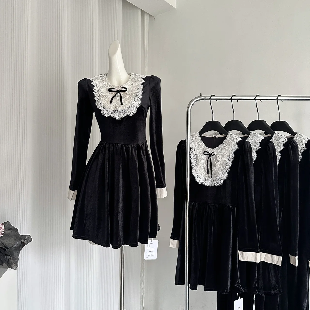 French Vintage Princess Evening Party Dresses Women Lace Patchwork Velvet Mini Dress A-line Korean Fashion Autumn Vestidos Mujer