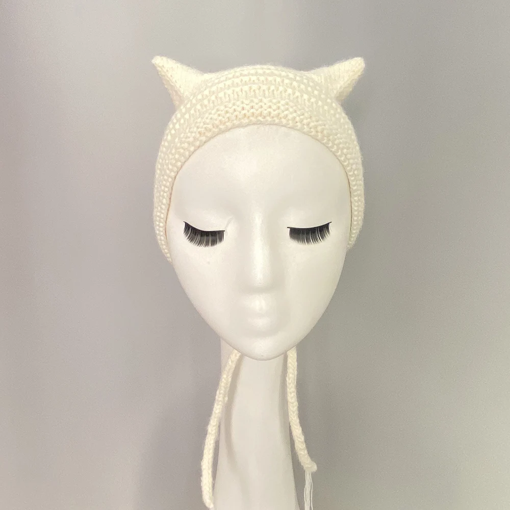 

Детская теплая вязаная шапка детские вязаные шапки 1-6 лет с ушками животных, однотонная Шапка цвета слоновой кости ручной работы