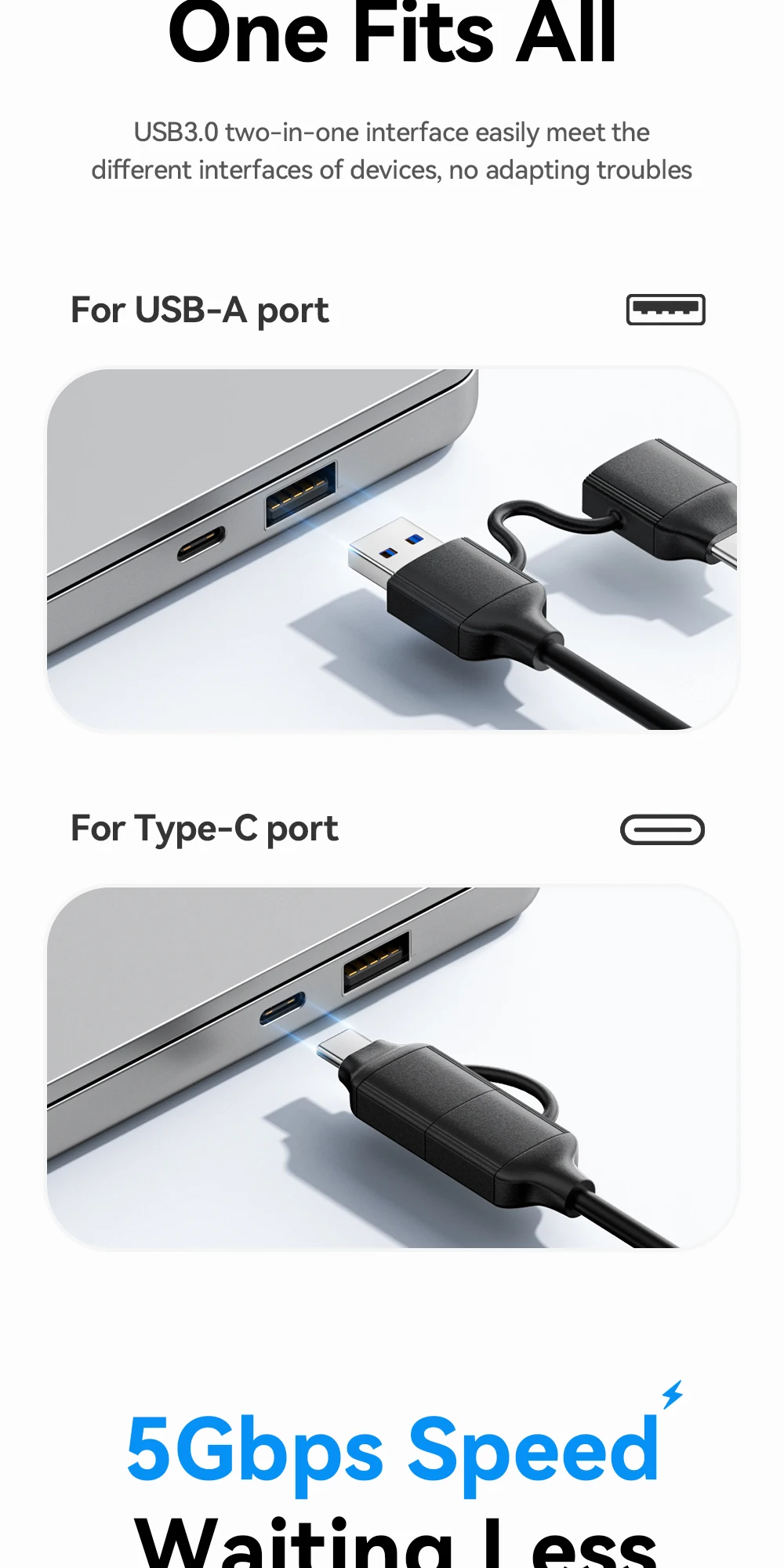 2 In 1 SATA to USB 3.0/Type-C Adapter Hard Drive Converter for 2.5inch HDD/SSD H