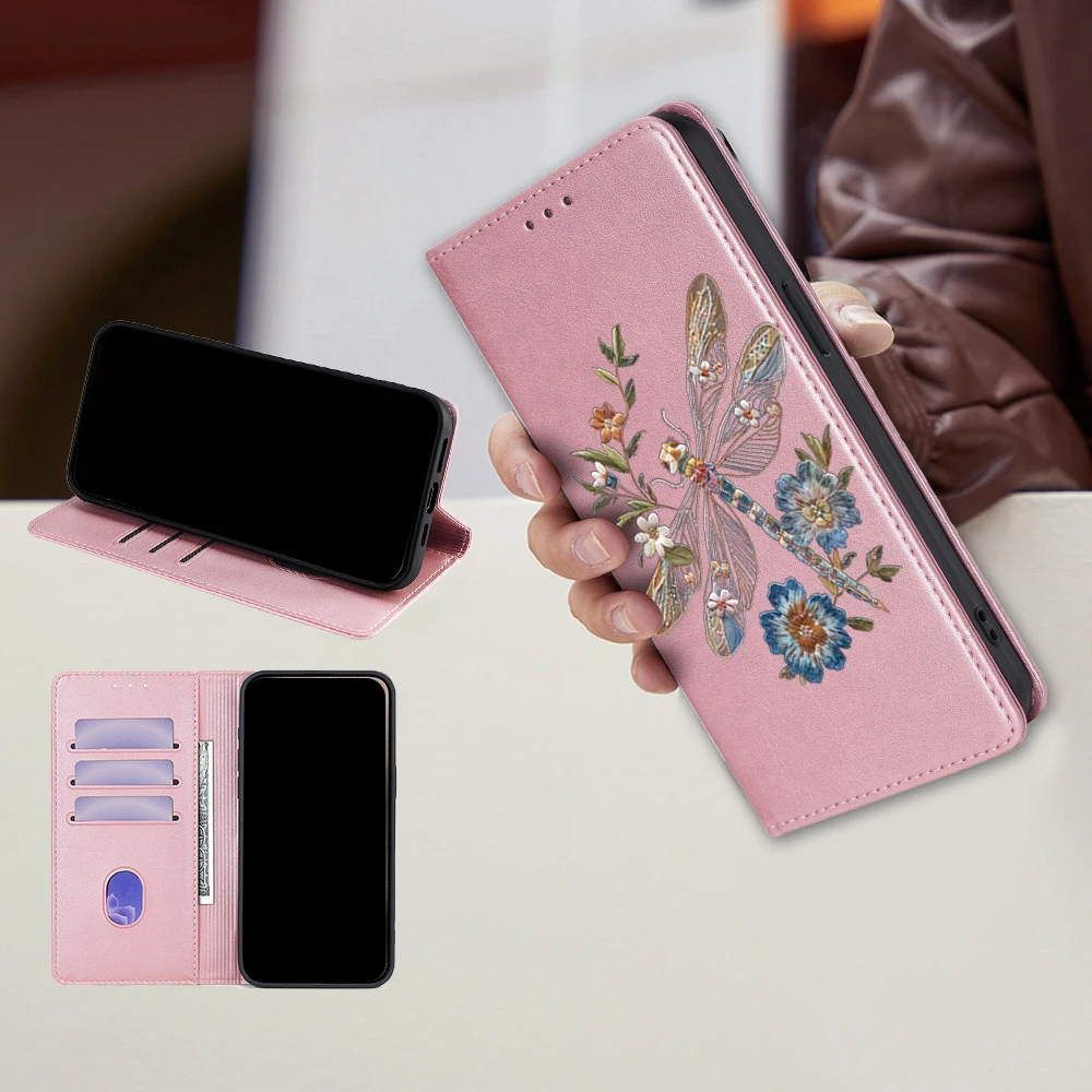 Dragonfly Flower Pattern Leather Flip Cover