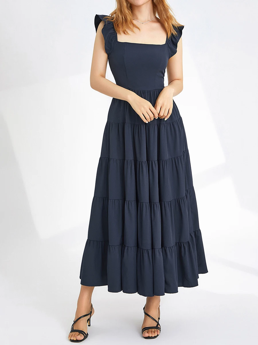 

Women Sleeveless Flowy Dress Summer Large Pleated Hem Square Neck Beach Party Dress for Club Streetwear