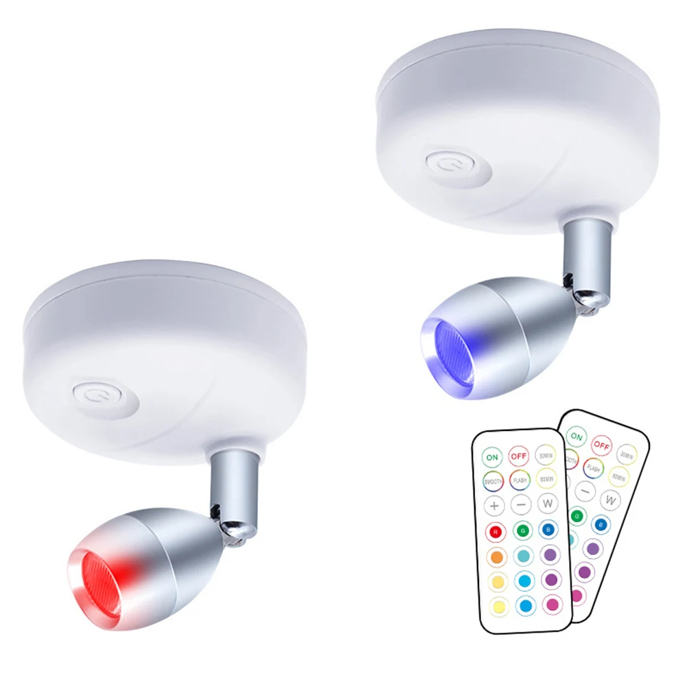 2Pcs LED Accent Light Remote Control Puck Light with Rotatable Light Head Dimmable RGB Rotatable Accent Lights Battery Operated 5