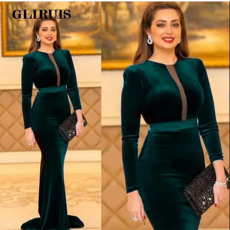 

Charming Green Cheap Long Sleeves Velvet Evening Dress Mermaid Cut-Out Sweep Train Prom Gowns Simple Women Party Dresses