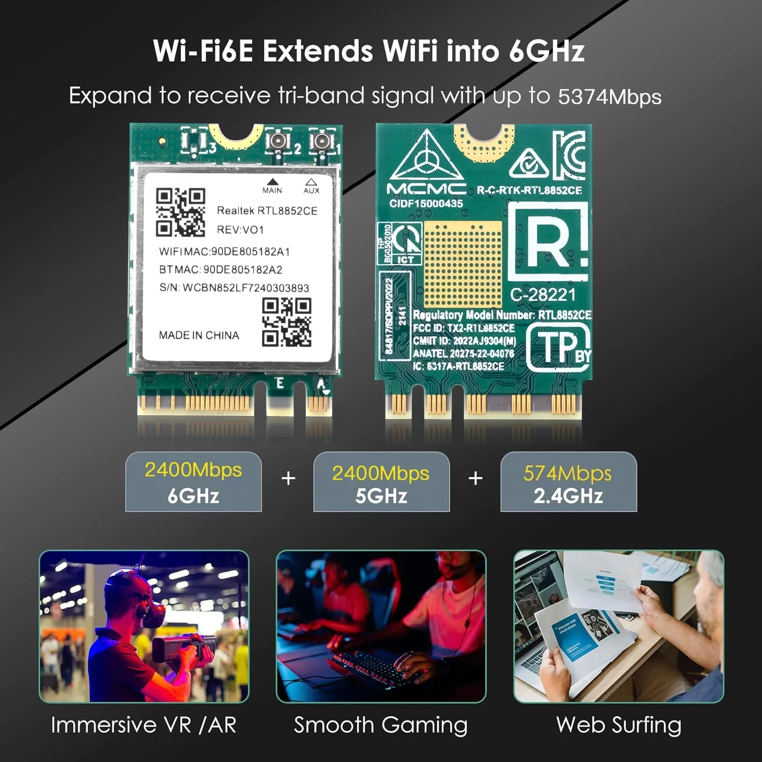 RTL8852CE 트리플 밴드 WiFi 6E 블루투스 5.3 어댑터 무선 신호 수신 카드 NGFF M.2 for Windows 10/11