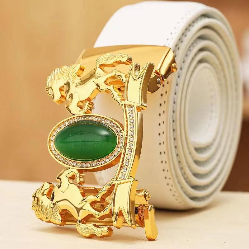 

Luxury Designer White Belt Men's Leather Automatic Buckle Emerald Horse Casual Fashion Trend All-match Belt Men's Youth Belt
