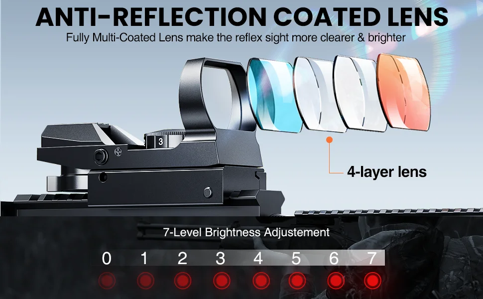 Description Picture 3 of itemRed Dot Reflex Sight 1X22X33mm Tactical Riflescope Hunting Optics Scope 4 Reticles for Pistol Rifle Shotguns for 20mm/11mm Rail