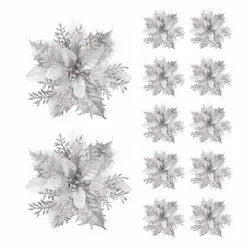 Festive Glitter Artificial Flowers - Christmas Tree Ornaments and Home Decor - Pink, Red, Gold 14.5cm - 10Pcs (Silver)