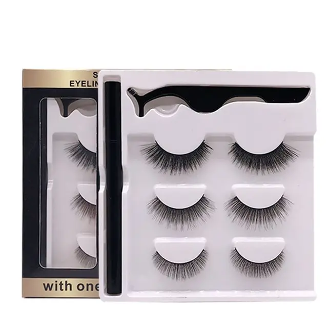 3 Pairs Fashion Magnetic False Eyelashes Waterproof Magnetic Eyeliner Pen Tweezers Portable Set Natural Eyelashes Makeup Set