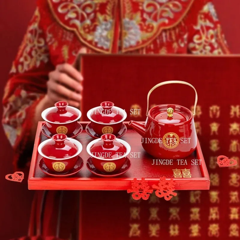 High Quality Ceramics Tea Set Chinese Wedding Tea Pot Set Teacup Tradition Red Porcelain Teapot Boutique Teaware Accessories