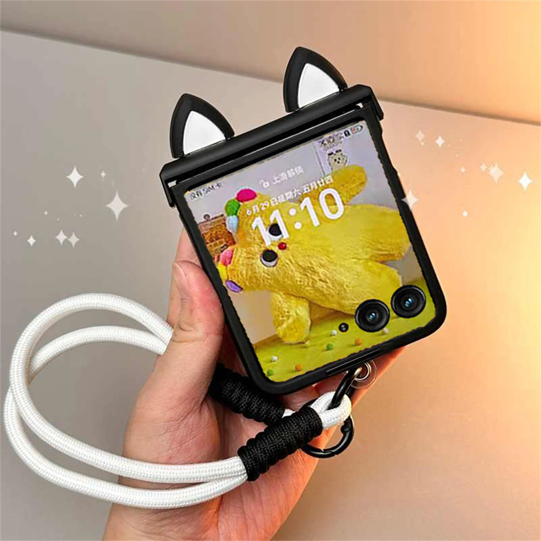 Cute Black & White Cat Ear Hand Strap Phone Case - Shockproof Cover