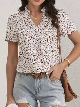 Ladies Ditsy Floral Frill Trim Notch Neck Puff Sleeve Blouse Women Tops Shirts 1
