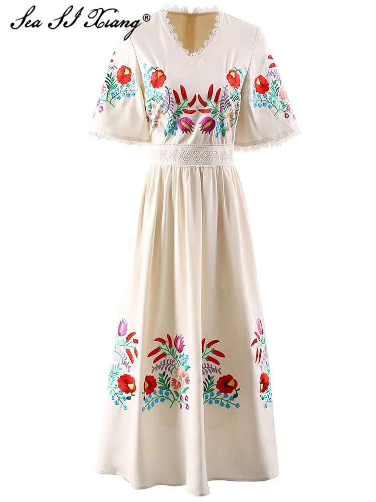 

Seasixiang Fashion Designer Spring Dress Women V-Neck Flare Sleeve Floral Embroidery High Waiste Elegant Party Dresses