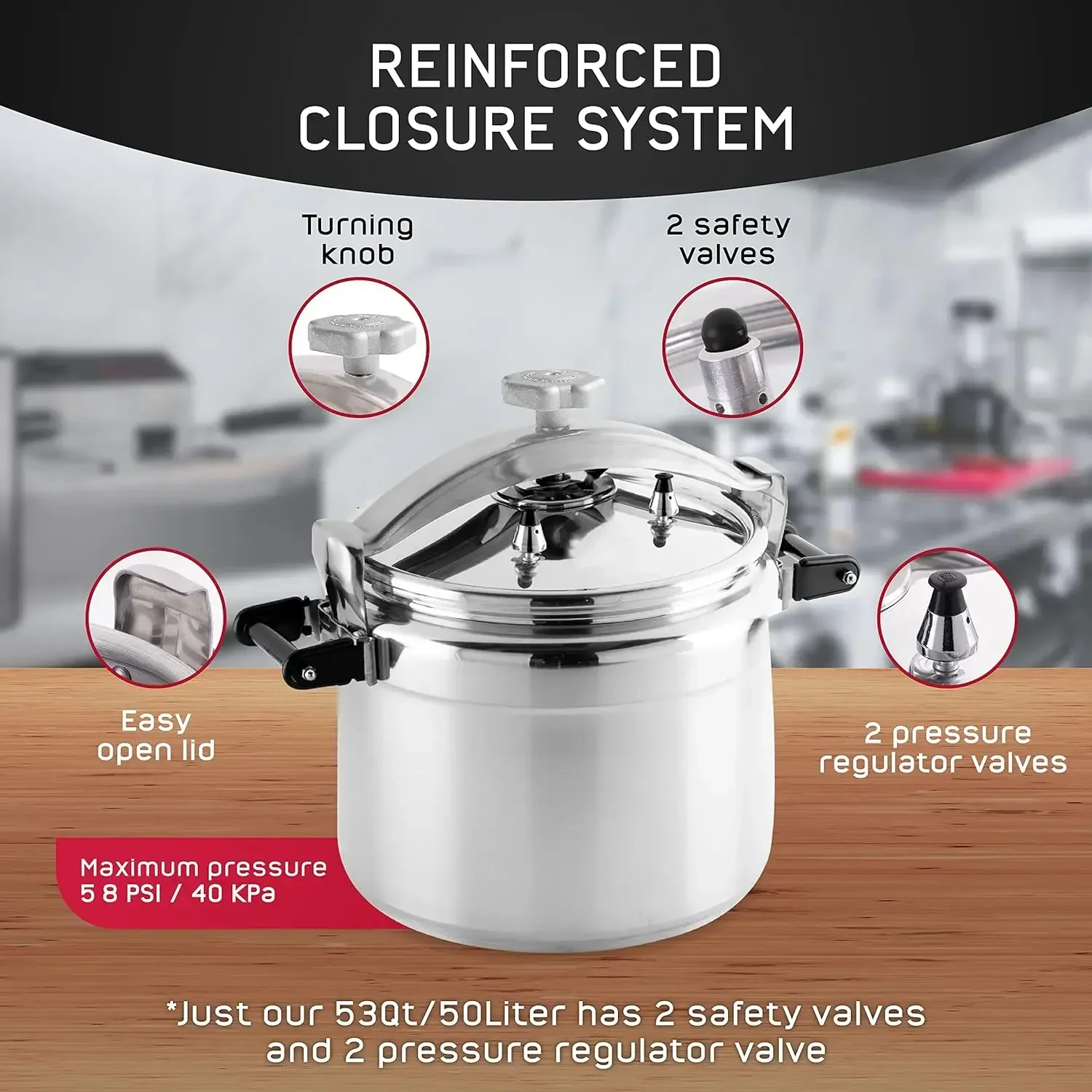 Extra Large 53 Quart / 50 Liter Professional Pressure Cooker Heavy-Duty Aluminum Construction with Multiple Safety Systems