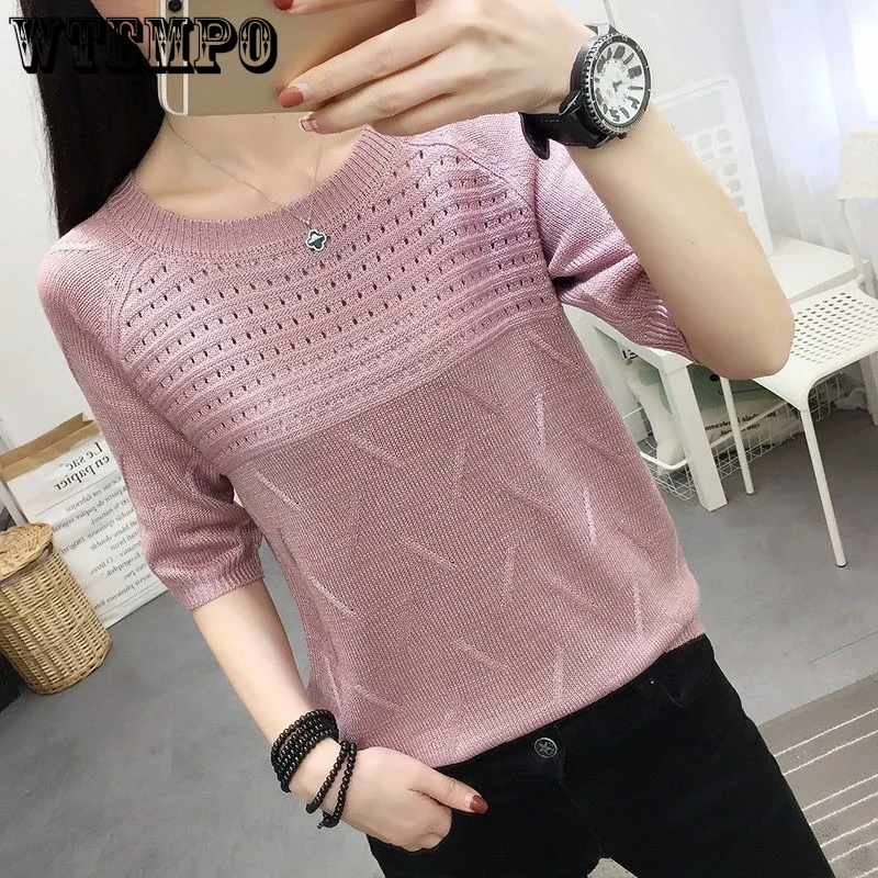 

2024 Woman Knit Sweaters Pullover Summer Knitted T-shirt Short-Sleeved Women's Loose Hollow Jumper Knitwear