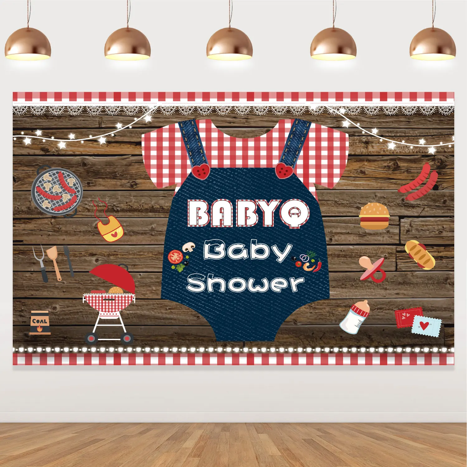 

BBQ Baby Shower Party Decoration Red Lattice Photography Background Barbecue Baby Shower Backdrop Banner Decor Booth Props