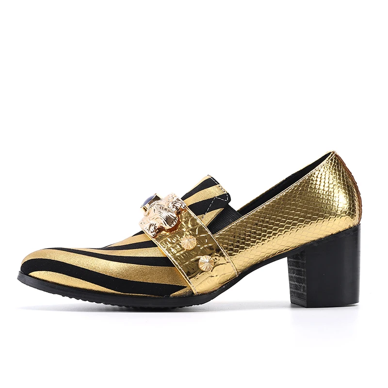 Plus Size Men's Gold Leather Shoes with Rivets and Stripes High-heeled Monk Strap Formal Shoes Club Party Leather Formal