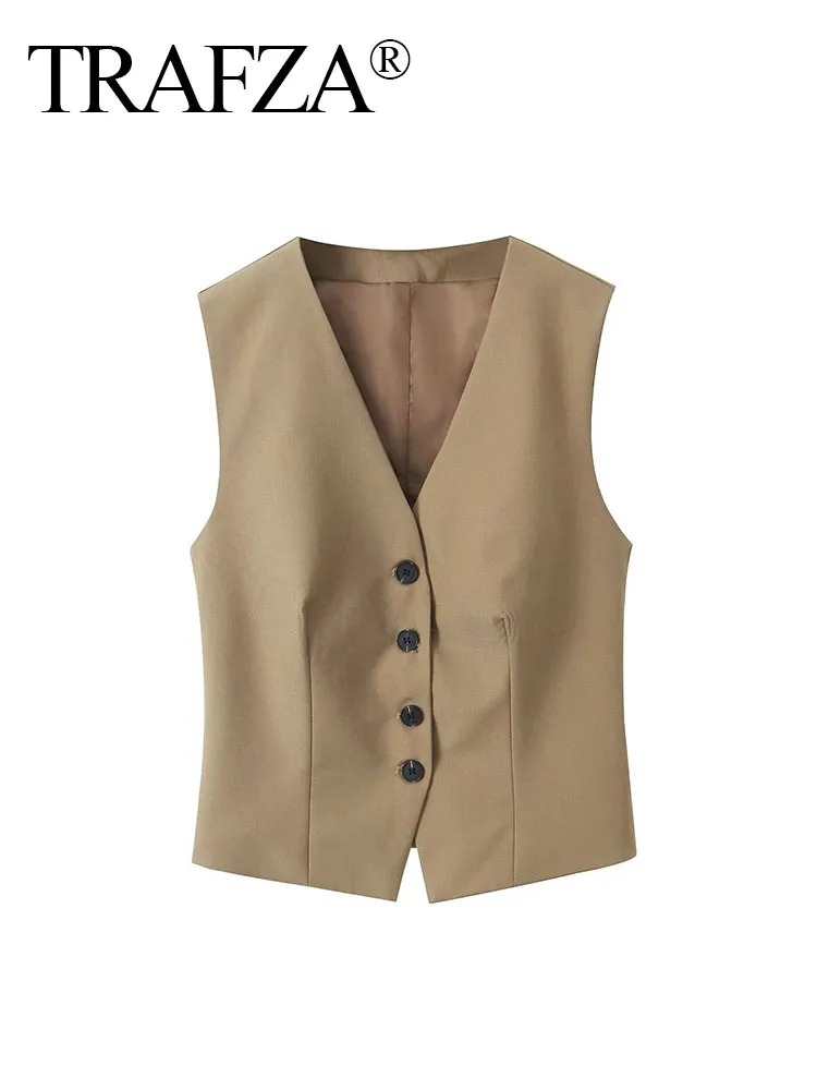 

TRAFZA Summer Vests Woman 2024 Trendy Solid V-Neck Sleeveless Buttons Single-Breasted Short Tops Female Casual Slim Waistcoats