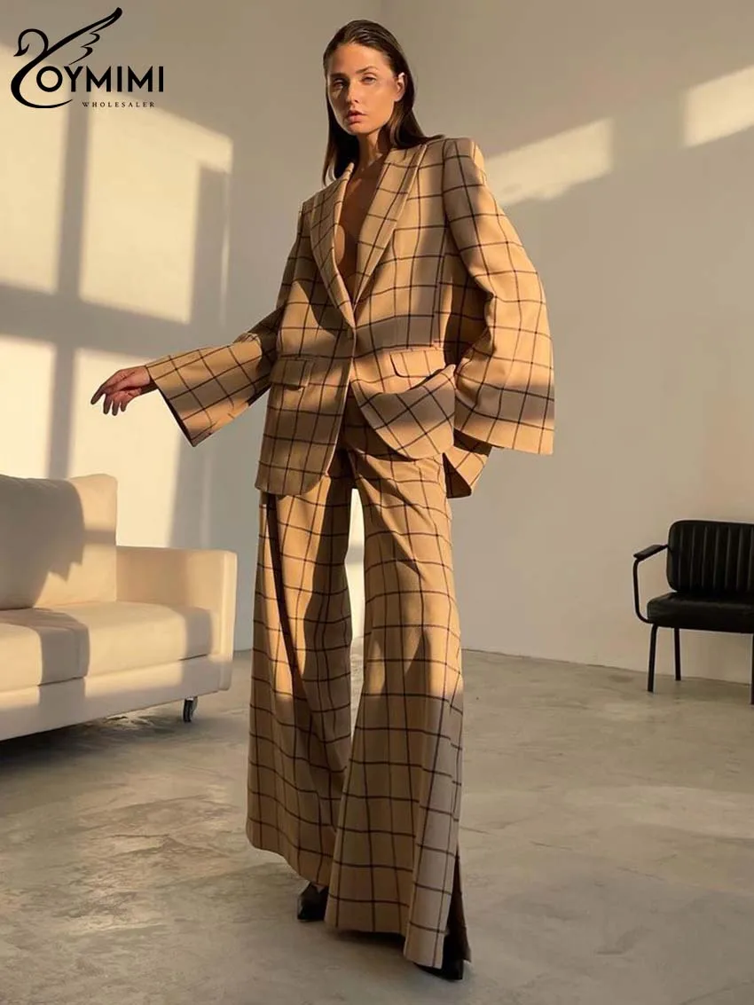 Oymimi Fashion Khaki Plaid Print 2 Piece Outfit Set Women Elegant Lapel Long Sleeve Pockets Shirts And Side Slit Trousers Sets