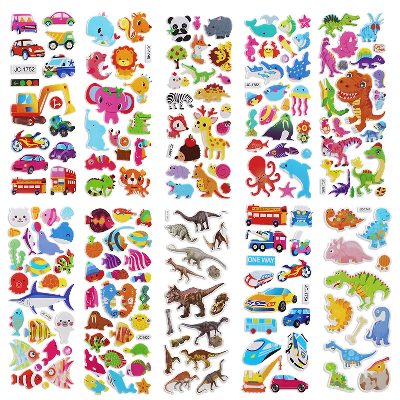 10Sheets 3D Bubble Stickers Cartoon Animal Cars Sticker Kids Boy Girl Birthday Party Favors Pinata Fillers Scrapbooking Gift Toy