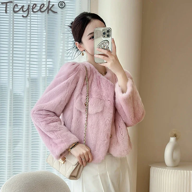 

Tcyeek Natural Mink Fur Coat Women Winter Women's Jacket 2024 Short Style Pink Whole Real Coats Fourrure Femme