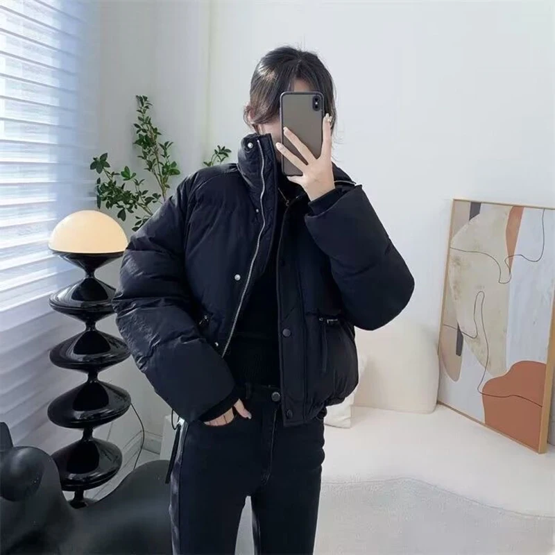Cropped Parkas Women All-Matchw Solid Color Stand Collar Korean Puffy Jacket Snow Wear Warm Loose Cotton Down Padded Winter Coat