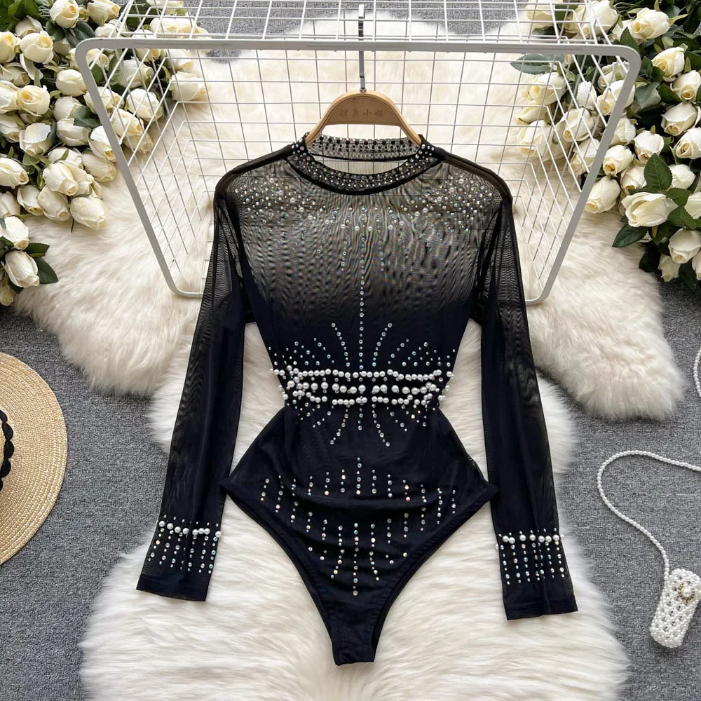 Beading Sequins Mesh Bodysuits Women O Neck Summer Sexy