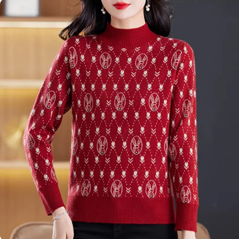 

Autumn Winter Women's Half High Neck Knitwear 2023 New Loose Long Sleeve Thick Jacquard Sweaters Women Knitted Cute Simple Tops